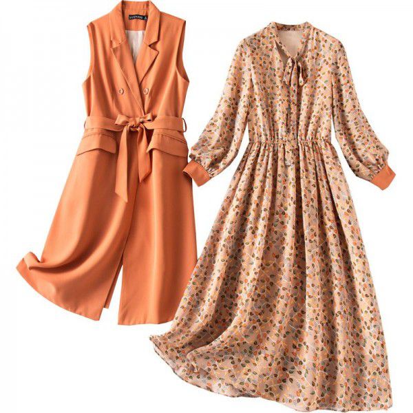Ollie boutique floral dress women's autumn dress new fashion long vest dress two-piece set