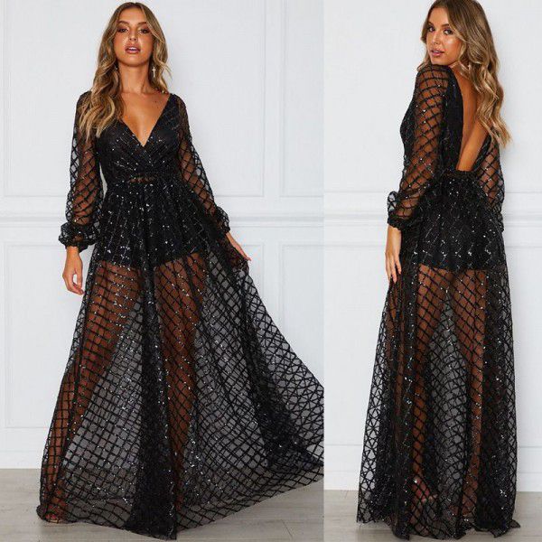 Sexy V-neck open back plaid sequin long evening dress perspective dress 