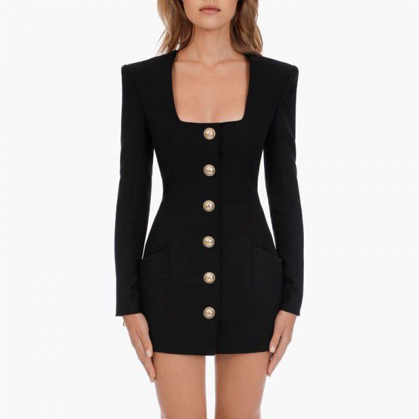 Spring and Autumn New Fashion Solid Color Square Neck Single breasted Long Sleeve Zipper Short Women's Dress Hot