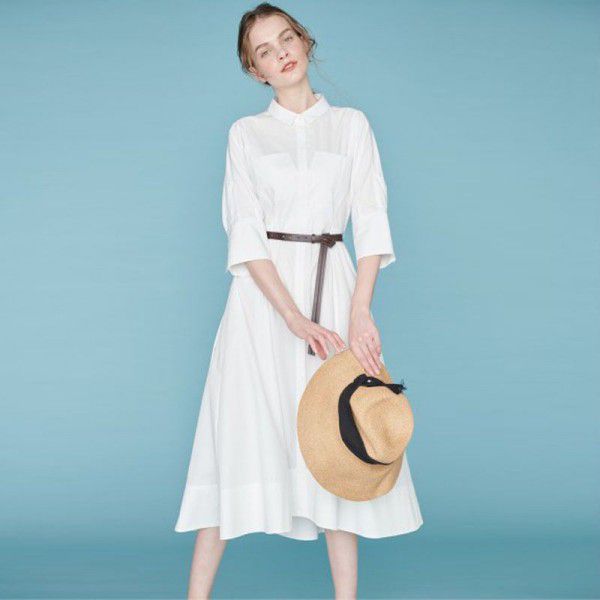 Women's new spring and summer lapel belt three-quarter sleeve shirt temperament women's medium length dress