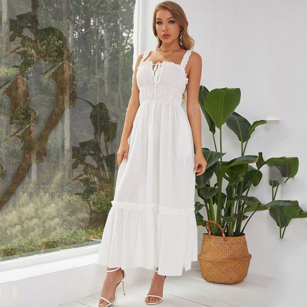 Women's fashion, leisure, holiday, agaric hem long skirt, lace up, pleated and placked-up dress