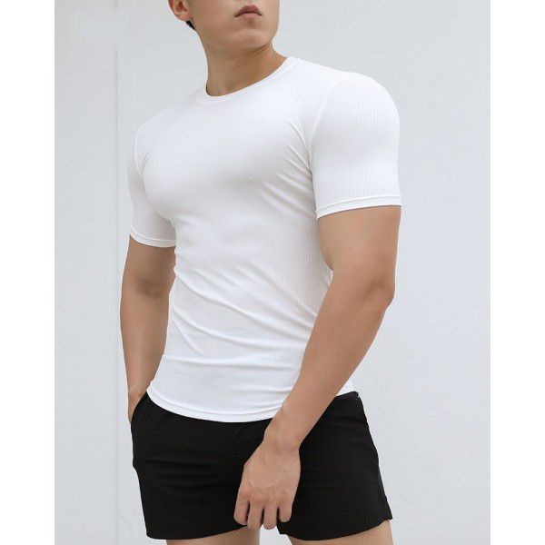 New sports short-sleeved men's summer solid color stripe fitness training casual high stretch fit T-shirt top 