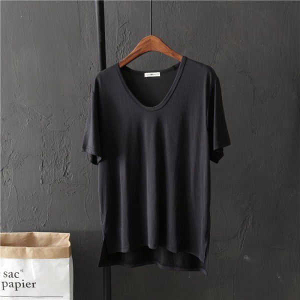 Basic copper spandex cotton solid color V-neck short-sleeved T-shirt female student summer loose bottom shirt shows thin top trend