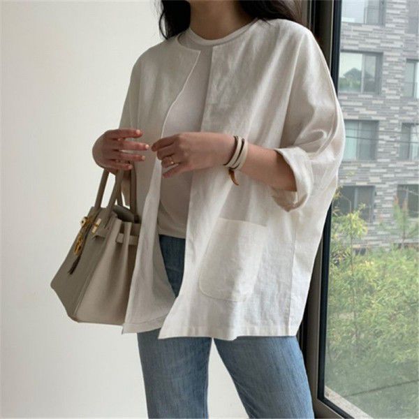 Loose ice silk cotton and hemp top Spring and summer new vintage large color contrast simple cotton and hemp T-shirt female