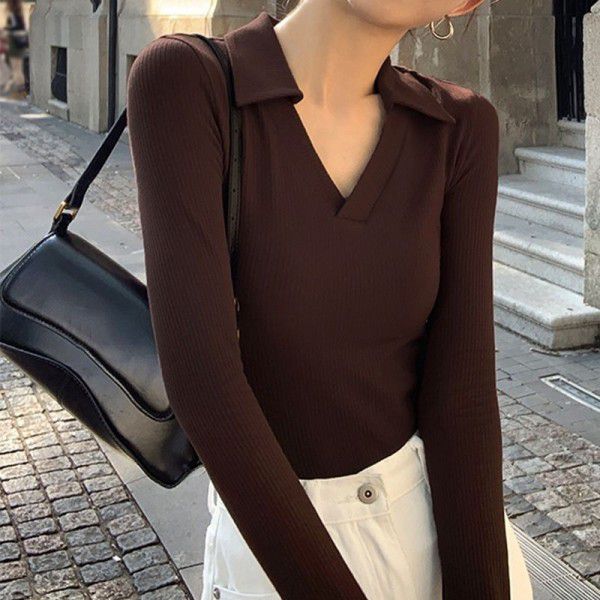 Casual black v-neck polo knitted t-shirt women's new Korean long-sleeved slim bottom shirt top women