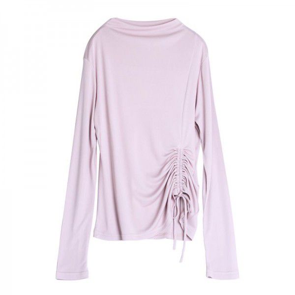 Spring New Silk Underlay Women's Long Sleeve T-shirt Silk Drawstring Slim Fit Medium High Neck Top