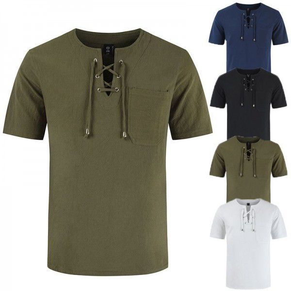 Summer new European and American street men's short-sleeved T-shirt cotton and hemp lace casual fashion T-shirt