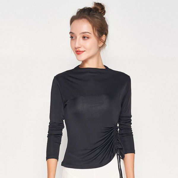 Spring New Silk Underlay Women's Long Sleeve T-shirt Silk Drawstring Slim Fit Medium High Neck Top