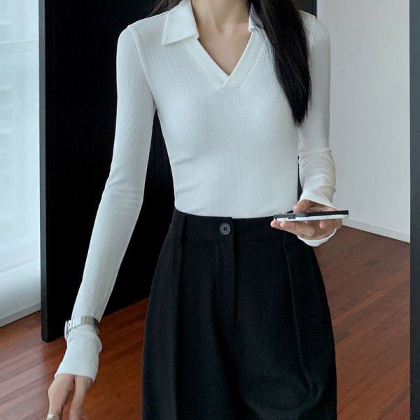 Casual black v-neck polo knitted t-shirt women's new Korean long-sleeved slim bottom shirt top women