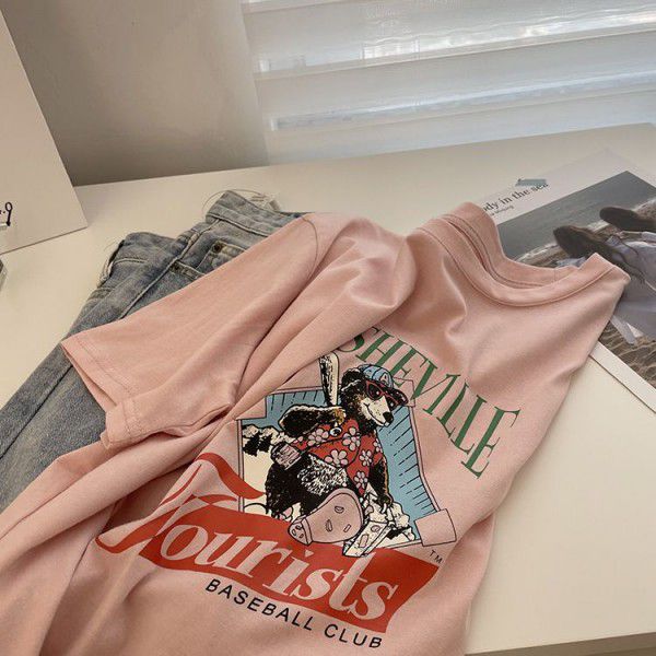Age reducing pink cartoon letter printing T-shirt female! Summer thin slim round neck washed cotton casual short sleeve top