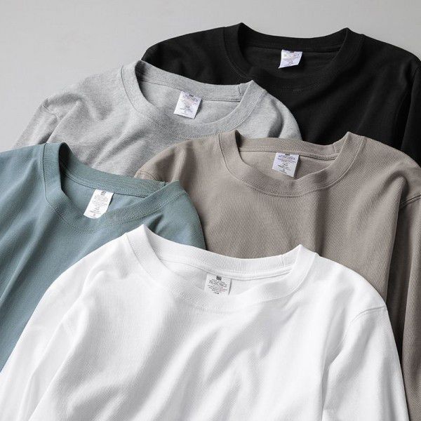 Long sleeve t-shirt men's spring and autumn sweater round neck loose pure white bottom shirt men's upper garment 270 grams of heavy weight cotton