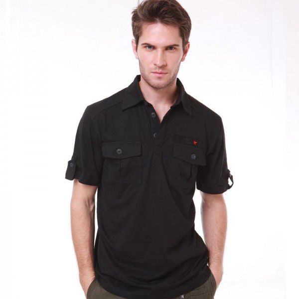 Outdoor military fan with pocket lapel men's military fan casual T-shirt black men's t-shirt