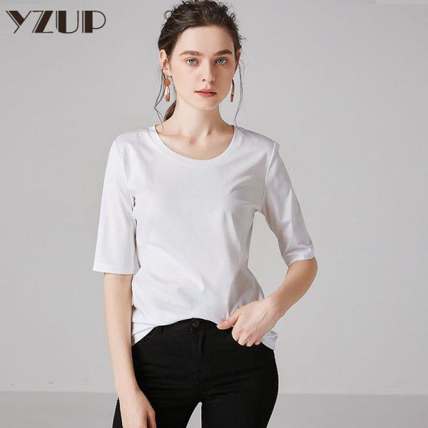 New autumn mercerized cotton medium sleeve round neck t-shirt for women's pure cotton white quarter sleeve thin bottom T-shirt 