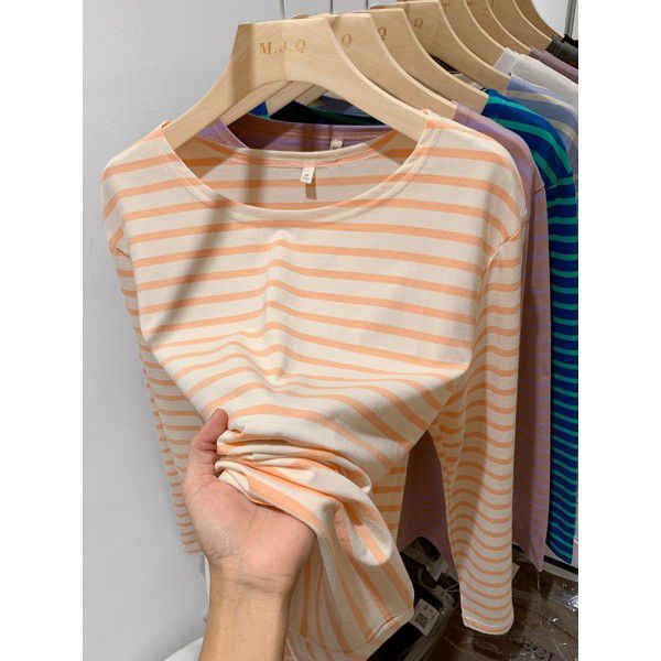 Cotton loose striped bottom shirt for women with spring and autumn Korean design sense long-sleeved T-shirt round neck versatile top