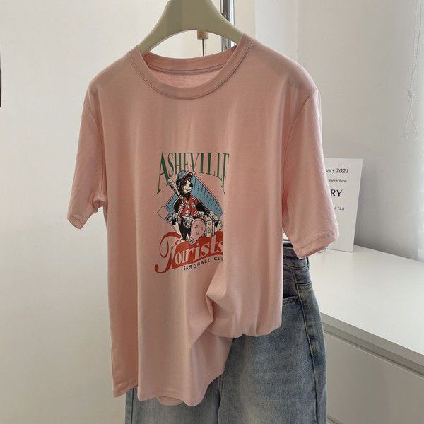 Age reducing pink cartoon letter printing T-shirt female! Summer thin slim round neck washed cotton casual short sleeve top