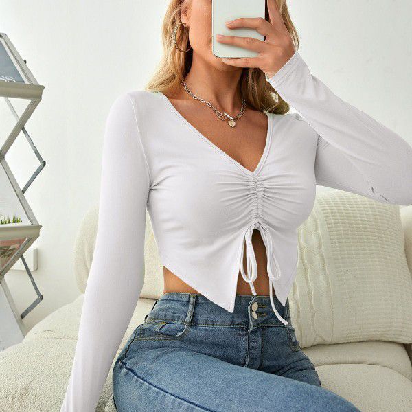 Sleeves drawcord slimming open navel top breathable pleated solid color simple sweet T-shirt women's casual spring and autumn top