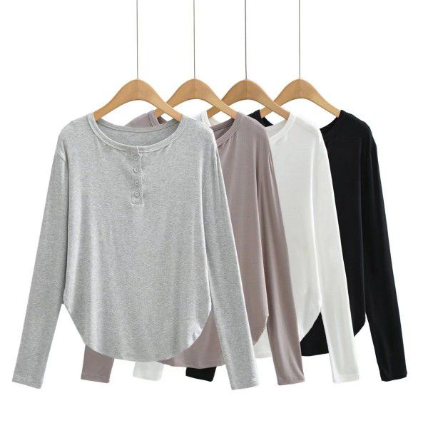 Summer new women's curved hem access control three-button round neck long sleeve loose casual long T-shirt top