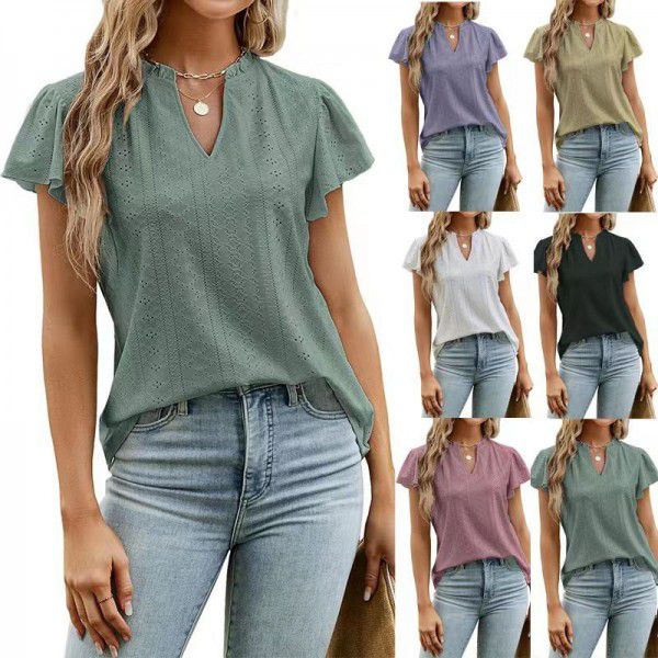 European and American loose solid color v-neck ruffle sleeve jacquard T-shirt blouse