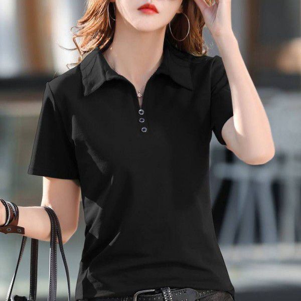 Cotton short-sleeved T-shirt women's loose belly covering top summer new style collar simple button thin half-sleeved shirt