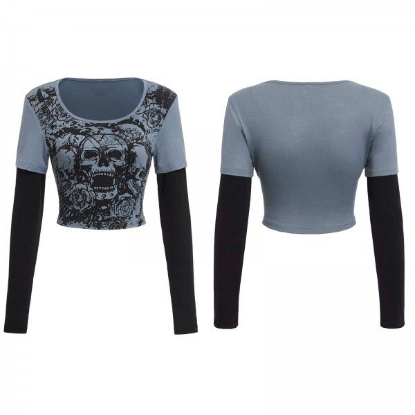Women's tight-fitting long-sleeved T-shirt fake 2 pieces of street hip-hop sports casual bottoms