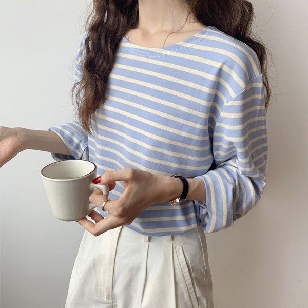 Long-sleeved striped t-shirt women's cotton loose autumn new style Korean T-shirt bottom coat women
