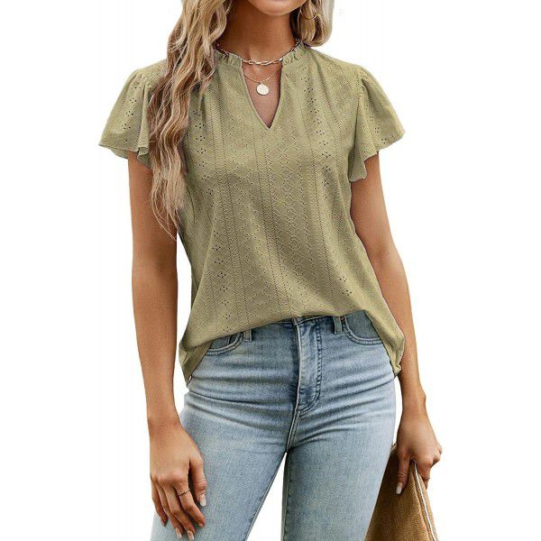 European and American loose solid color v-neck ruffle sleeve jacquard T-shirt blouse
