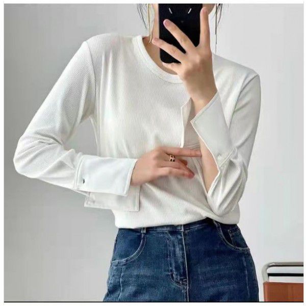 Recommended white round-neck long-sleeved shirt sleeve design sense careful machine T-shirt women's versatile top