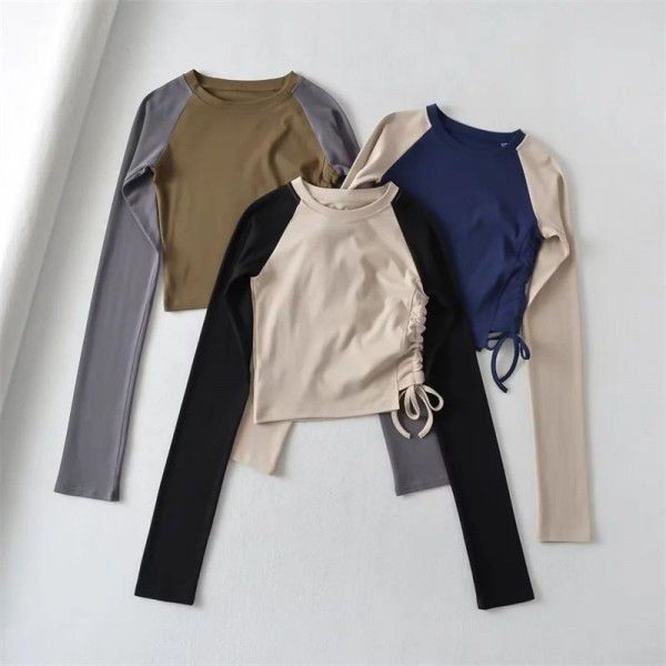 Fall side drawcord long-sleeved T-shirt sexy hot girl top new round neck contrast short bottom blouse women