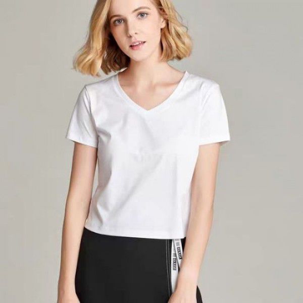 Mercerized cotton T-shirt Women's short pure cotton high waist summer loose simple round neck Korean style versatile solid color T-shirt