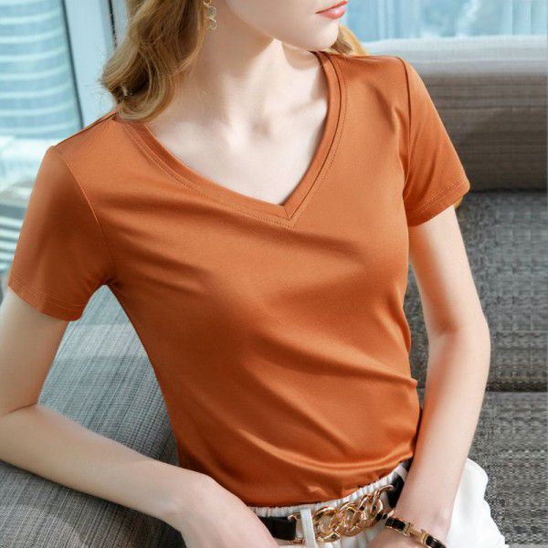 Ice feeling mercerized cotton short-sleeved t-shirt women's new style women's temperament v-neck pure cotton t-shirt pure color high-grade top