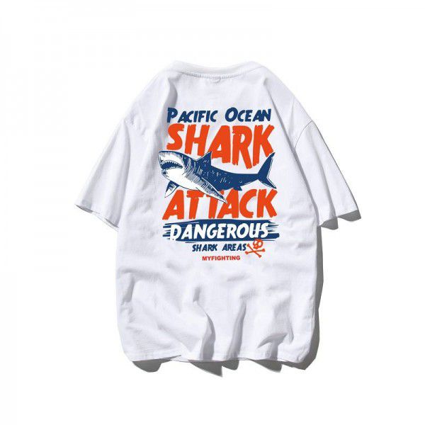 Shark short-sleeved European and American fashion brand half-sleeved loose hip-hop t-shirt men's fat men's fashion large