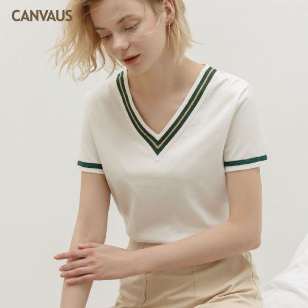 Summer New Cotton V-Neck Ribbon Loose European and American Temperament Short Sleeve T-shirt Women's Top