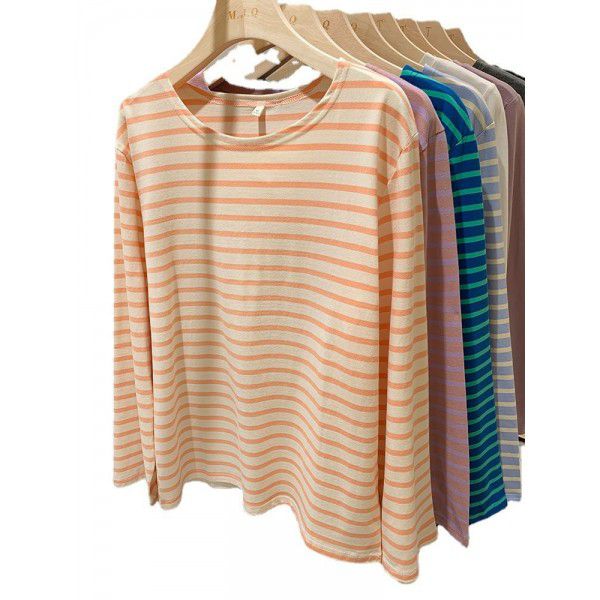 Cotton loose striped bottom shirt for women with spring and autumn Korean design sense long-sleeved T-shirt round neck versatile top