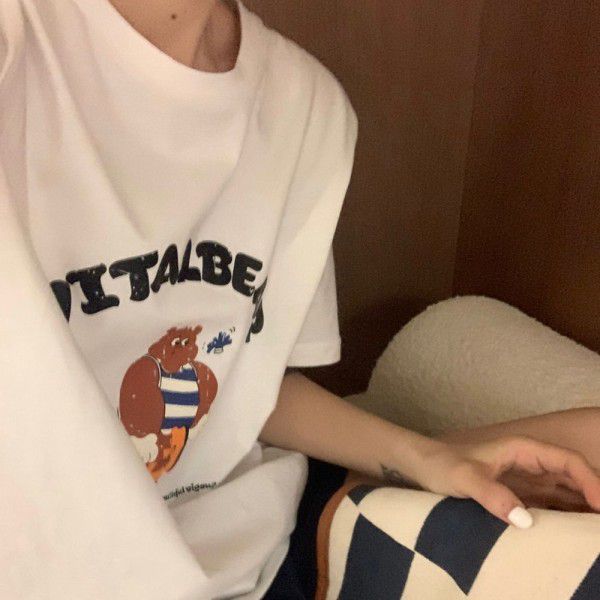 New Korean T-shirt Women's Summer Stripe Bear Print Leisure Round Neck Short Sleeve Cotton Women's Round Neck Top 