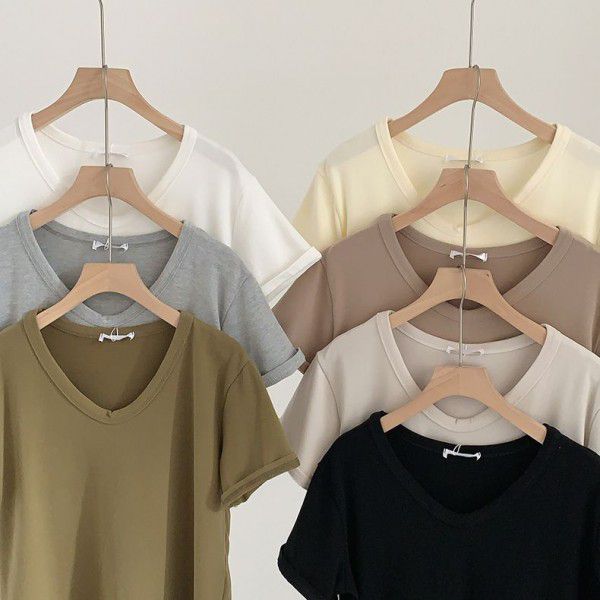 Spring New Style Korean Morandi Solid Color Versatile Short Sleeve T-shirt Women