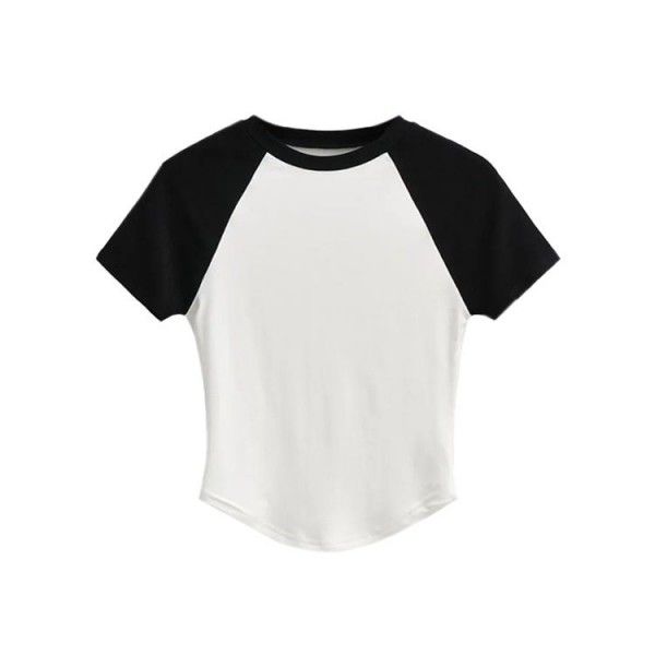 Retro panel contrast hem irregular versatile top summer basic round neck slim short t-shirt women