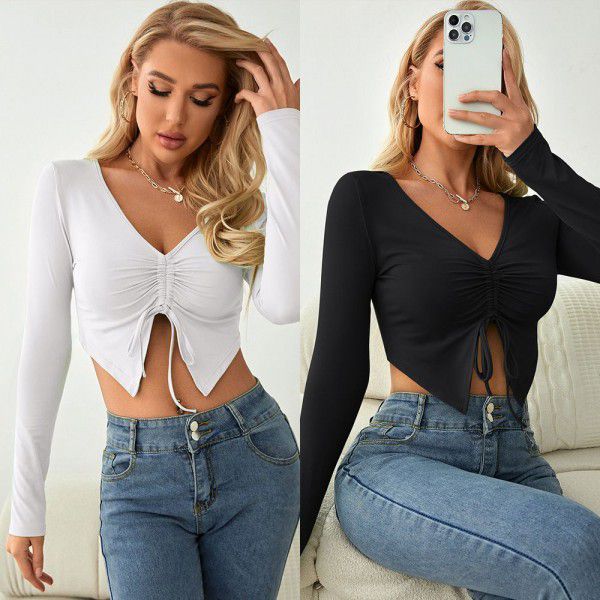 Sleeves drawcord slimming open navel top breathable pleated solid color simple sweet T-shirt women's casual spring and autumn top