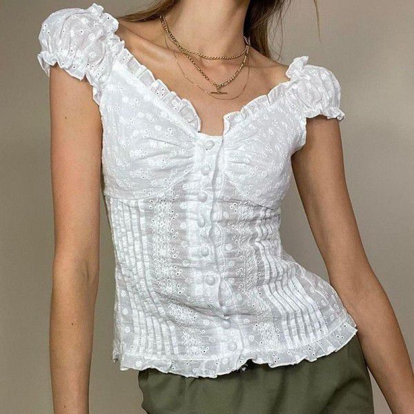 Pure sexy lace panel pleated slim button V-neck short sleeve T-shirt top female