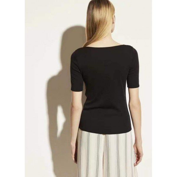 Cotton temperament commuting square neck short sleeve slim fitting solid color T-shirt black&white